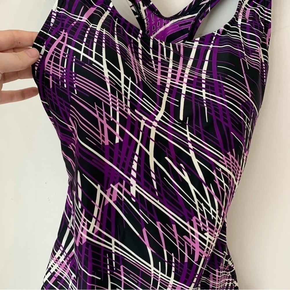 AQUA Shape Ocean One Piece Swim Suit Black and Purple Size 12.